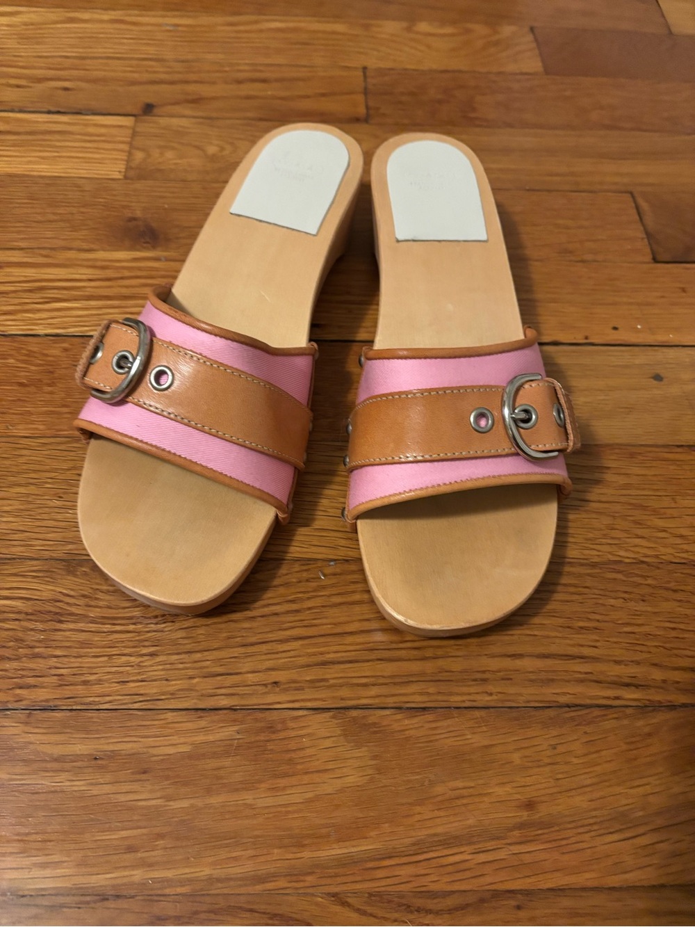 Coach Pink and Tan Leather-Trim Slide Sandals with Buckle